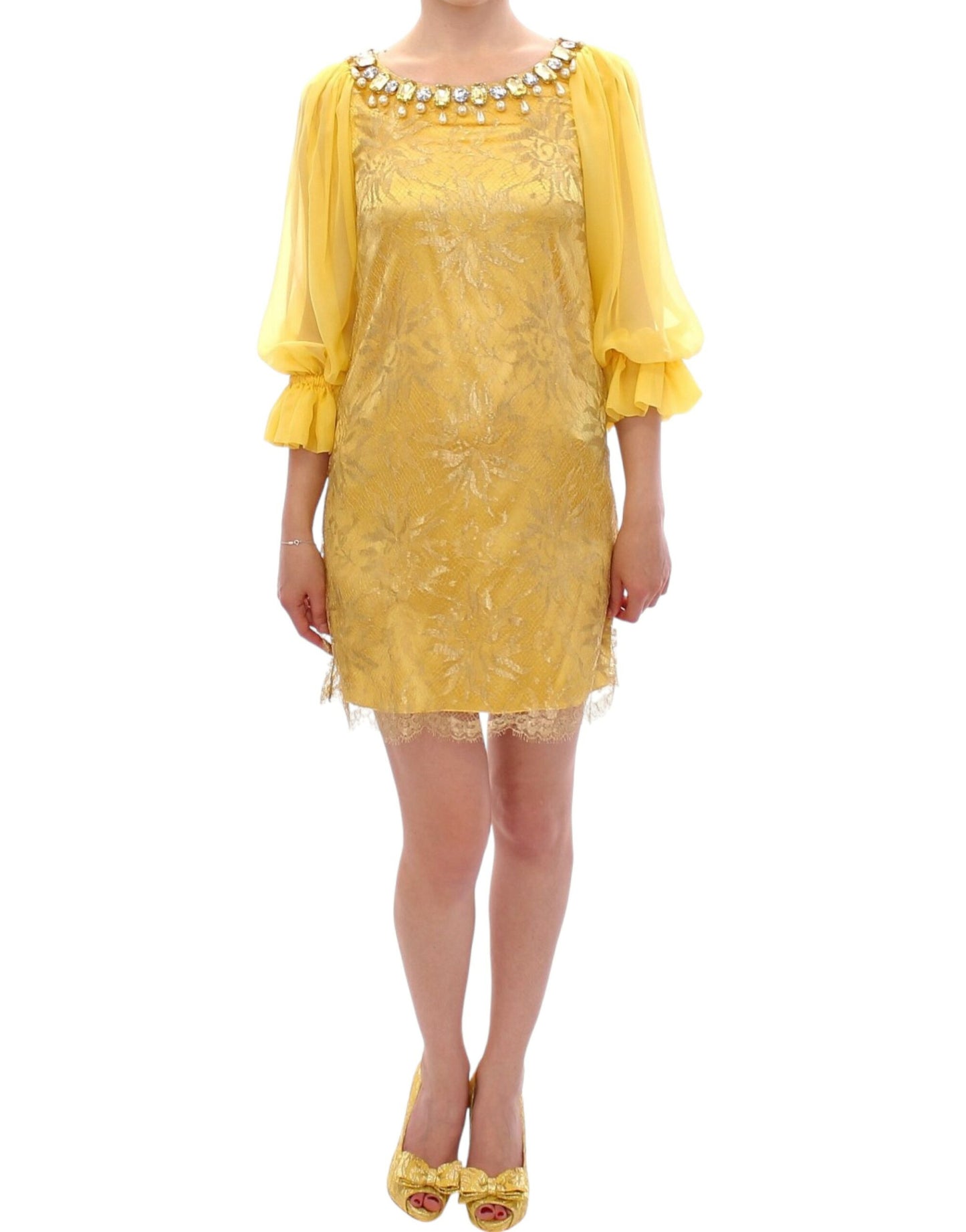Luxurious Dolce & Gabbana Yellow Lace Crystal Embellished Mini Dress with glamorous sheath silhouette and 3/4 sleeves