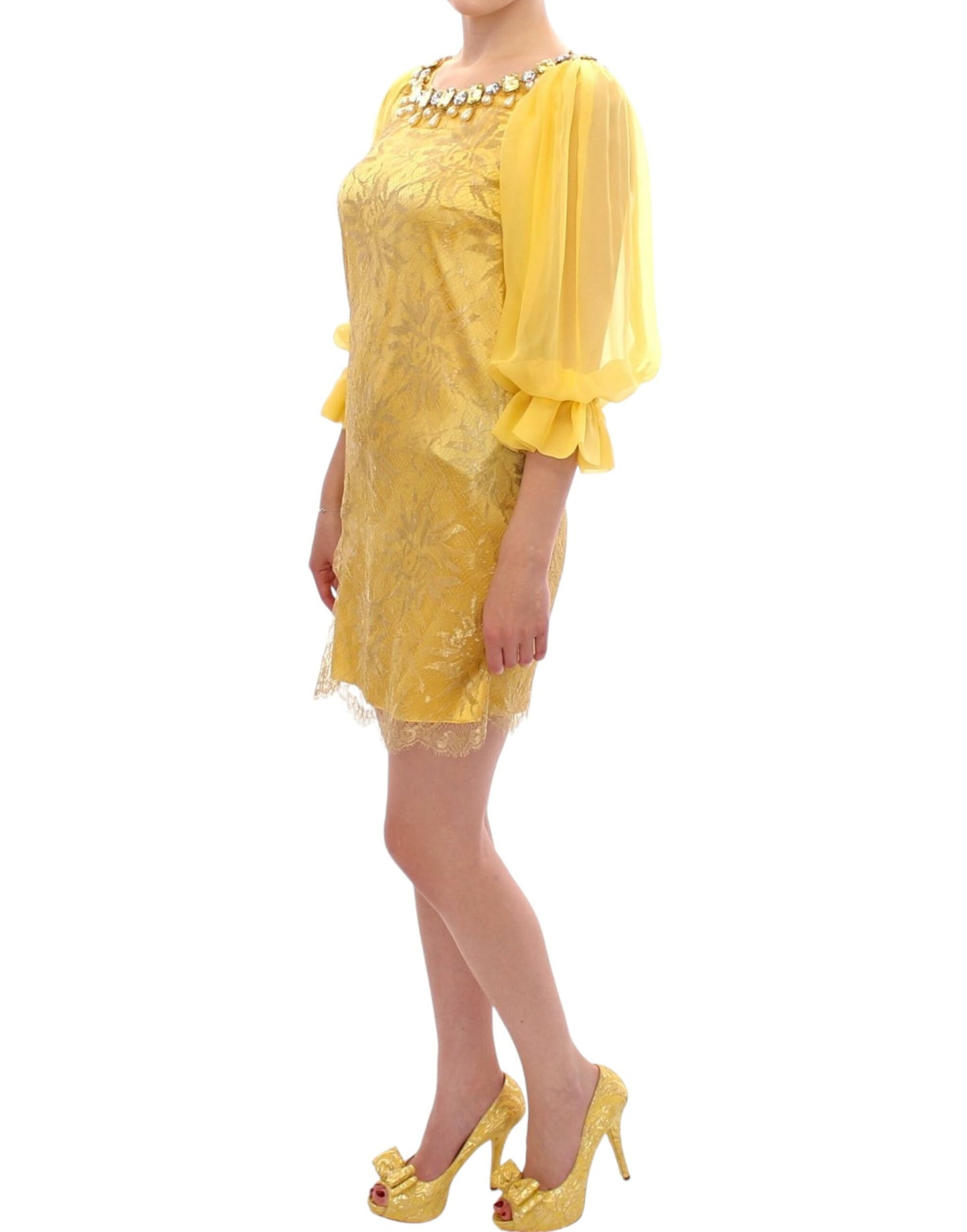 Stunning Dolce & Gabbana Yellow Lace Crystal Embellished Mini Dress meticulously crafted in Italy with full back zipper and comfortable stretch silk lining