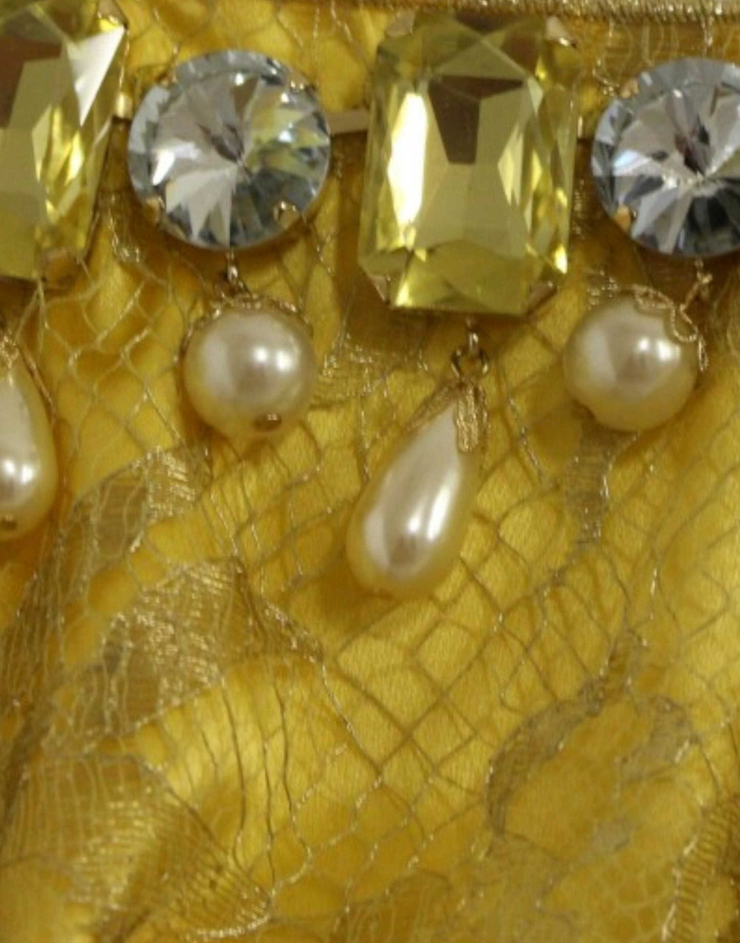Dolce & Gabbana Yellow Lace Crystal Embellished Mini Dress with 96% silk, 4% elastane stretch lining and 71% glass, 29% brass external application