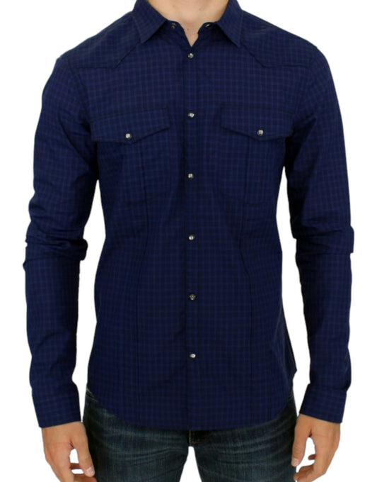 Costume National Chic Blue Checkered Casual Cotton Shirt with full front button closure and dual chest pockets