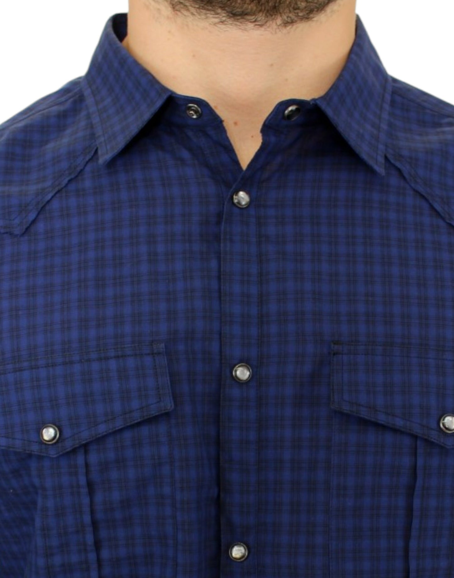 Italian-made blue checkered cotton casual shirt with full front button closure and dual chest pockets
