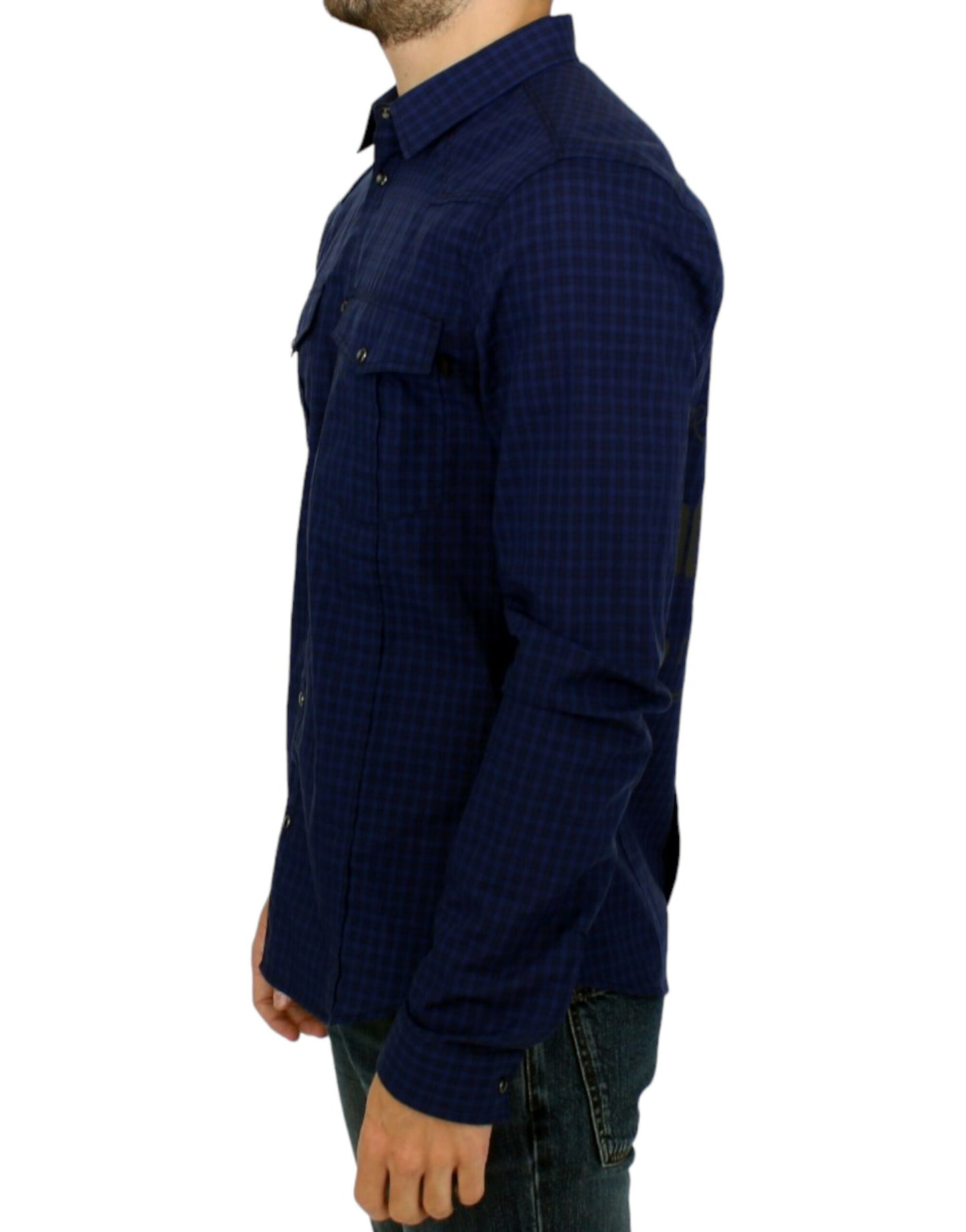 Italian-made blue checkered cotton casual shirt with subtle logo details and pure cotton material