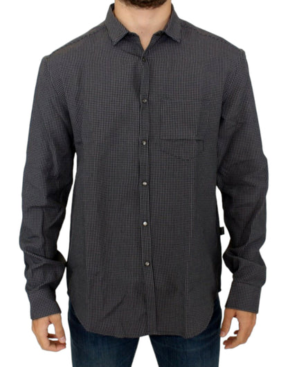 Costume National Chic Gray Checked Casual Linen Blend Shirt for Men