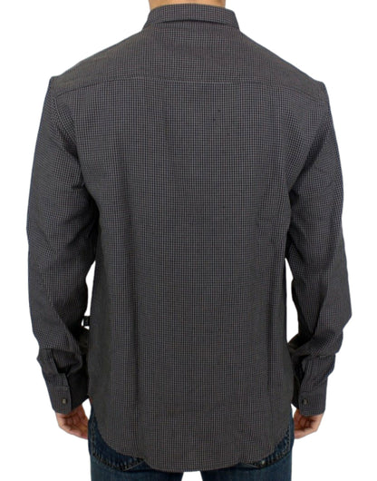 Costume National Chic Gray Checked Casual Linen Blend Shirt with Button-down Collar