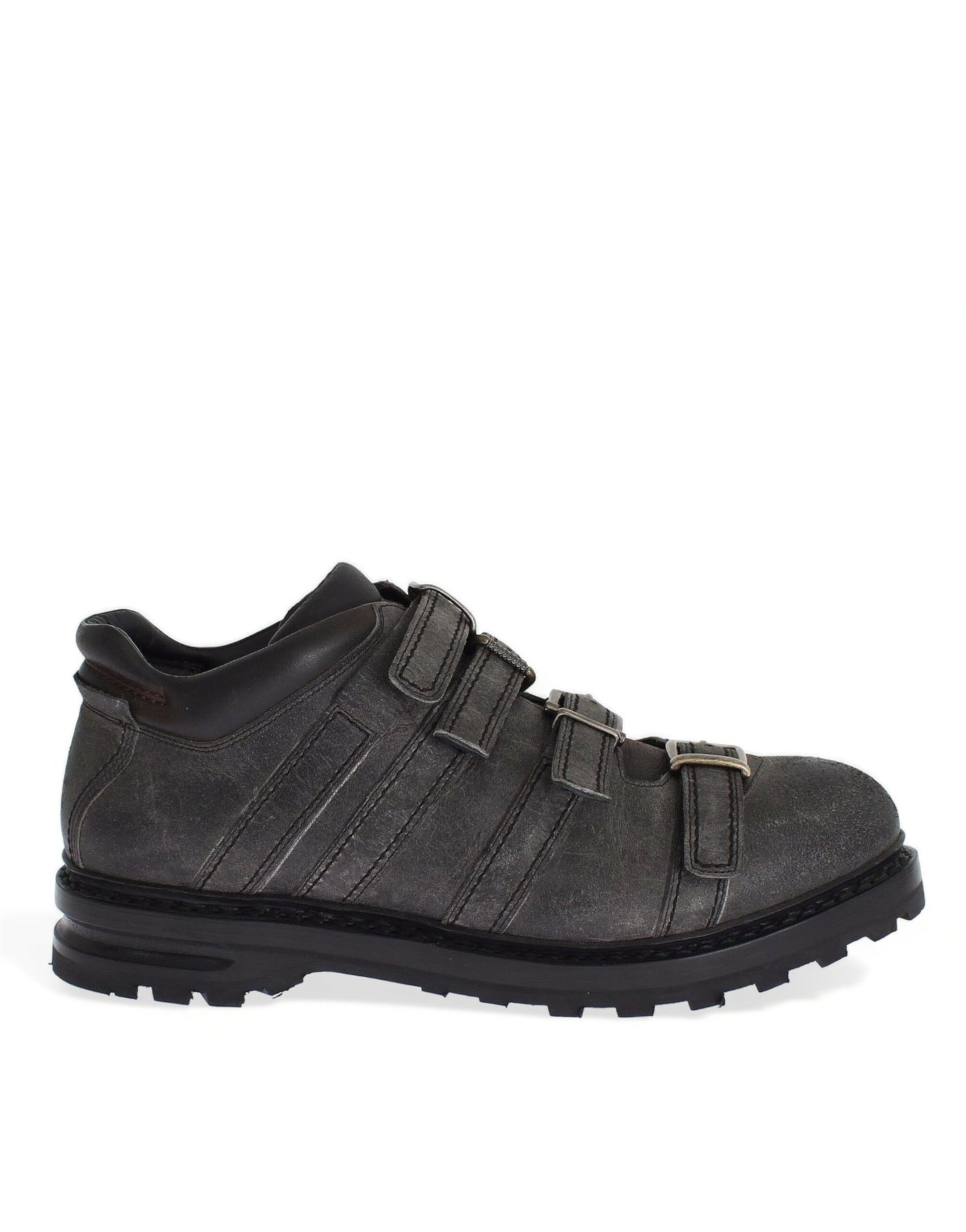 Dolce & Gabbana Elegant Gray Leather Ankle Boots with Four Buckle Strap Closure