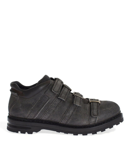Dolce & Gabbana Elegant Gray Leather Ankle Boots with Four Buckle Strap Closure