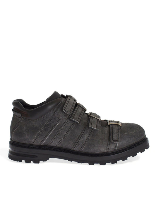 Dolce & Gabbana Elegant Gray Leather Ankle Boots with Four Buckle Strap Closure