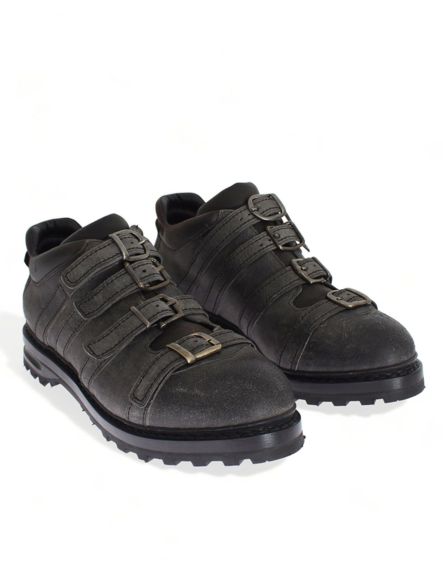 Fashionable Gray Leather Boots with Logo Accents and Rubber Soles