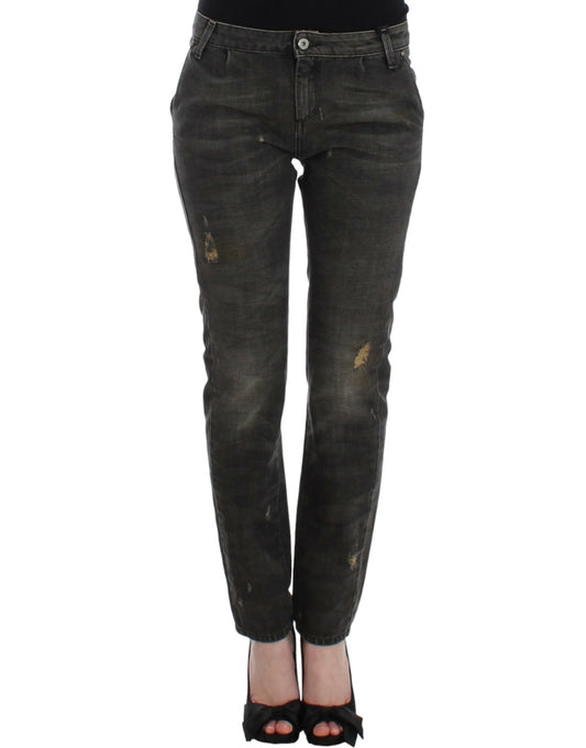 Sleek gray distressed jeans with straight-leg cut and logo details