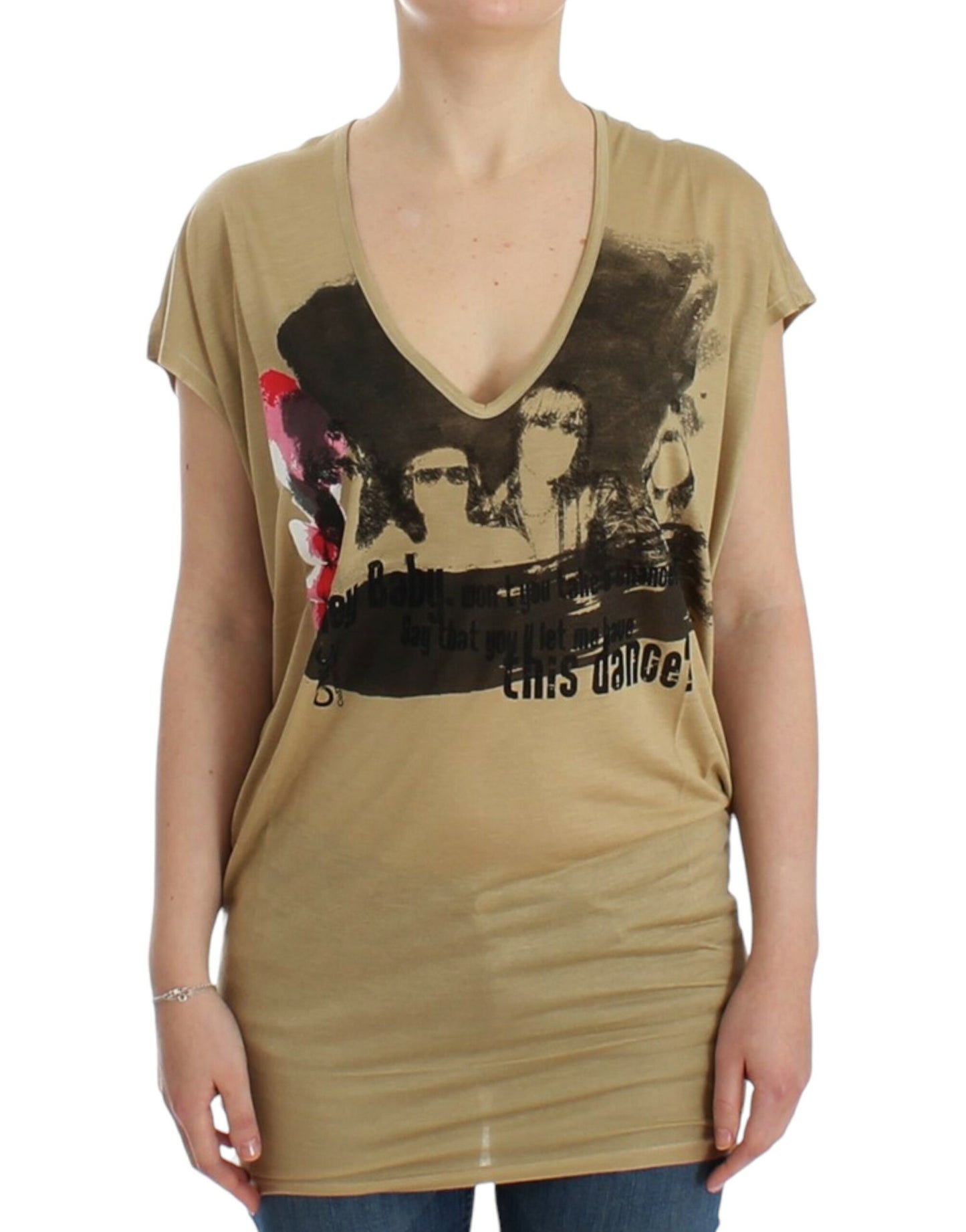 Exquisitely designed V-neck tunic top with unique beige motif print
