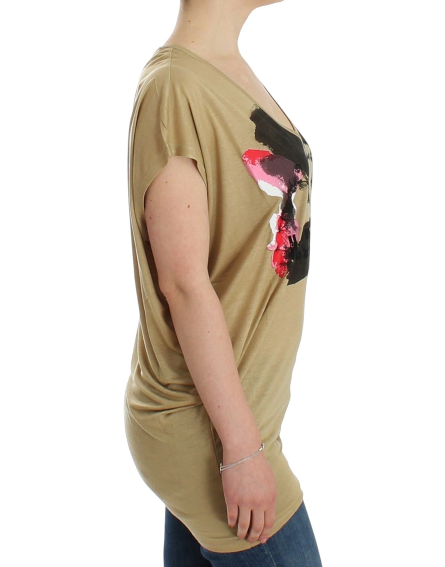 Beige motif print V-neck tunic top with original tags and store bag