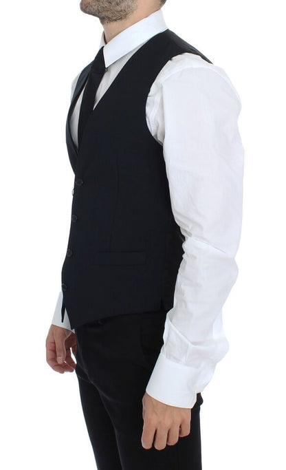 Dolce & Gabbana Elegant Blue Wool Dress Vest back view with adjustable back waist strap