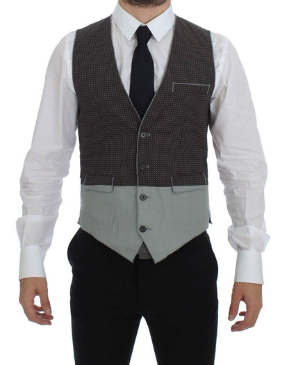 Dolce & Gabbana Elegant Gray Cotton Dress Vest front view with logo engraved buttons