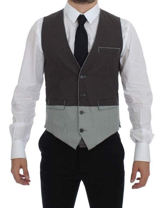 Dolce & Gabbana Elegant Gray Cotton Dress Vest front view with logo engraved buttons