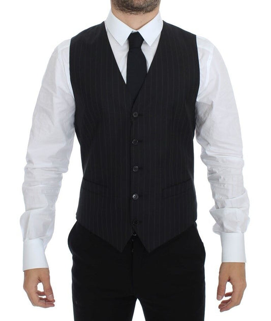 Dolce & Gabbana Chic Black Striped Wool Silk Dress Vest front view with full button closure and adjustable back waist strap