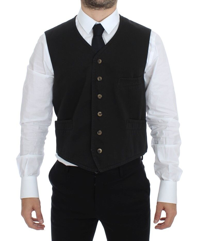 Dolce & Gabbana Elegant Black Cotton Blend Dress Vest front view with full button closure and logo details