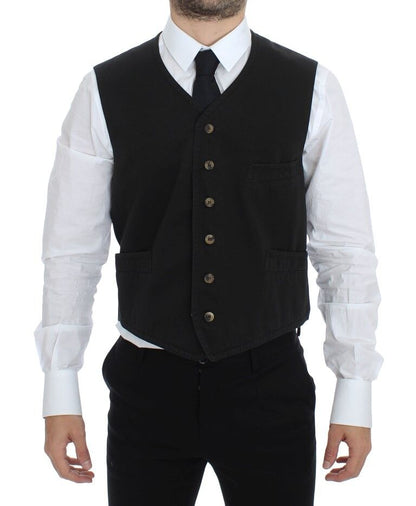 Dolce & Gabbana Elegant Black Cotton Blend Dress Vest front view with full button closure and logo details