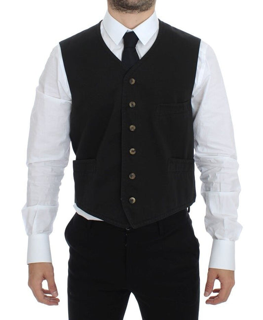 Dolce & Gabbana Elegant Black Cotton Blend Dress Vest front view with full button closure and logo details