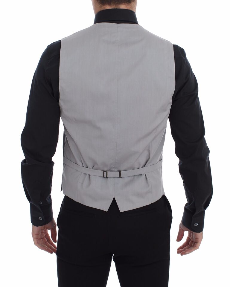 Exquisite gray dress vest with full front button closure and four practical front pockets
