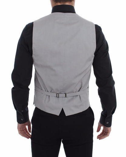 Exquisite gray dress vest with full front button closure and four practical front pockets