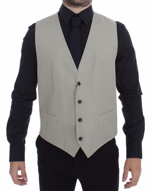 Dolce & Gabbana Elegant Beige Cotton Silk Dress Vest front view with full button closure and adjustable back waist strap
