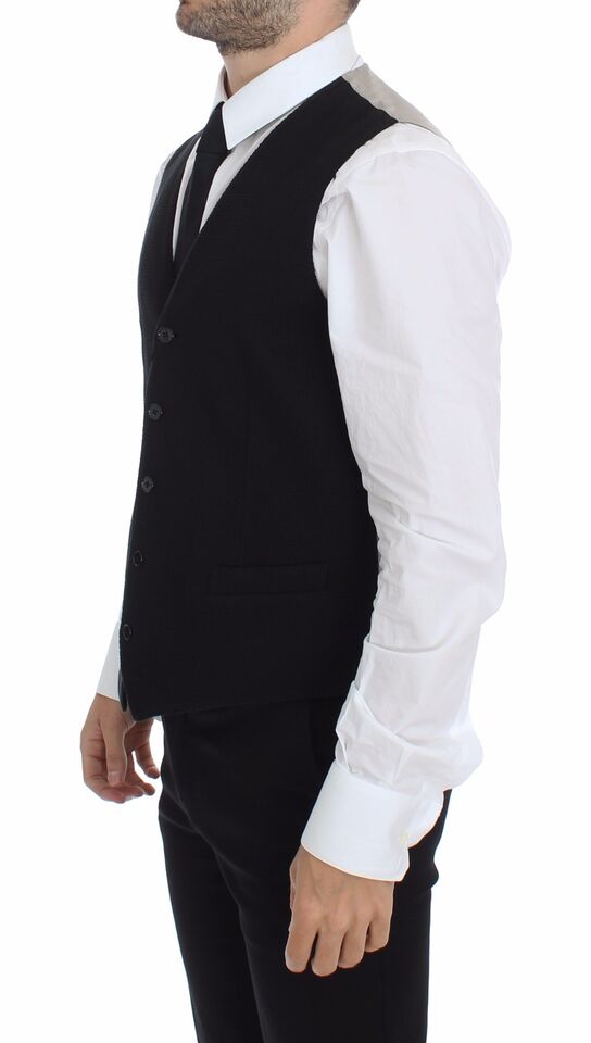 Sophisticated black front with full-front button closure