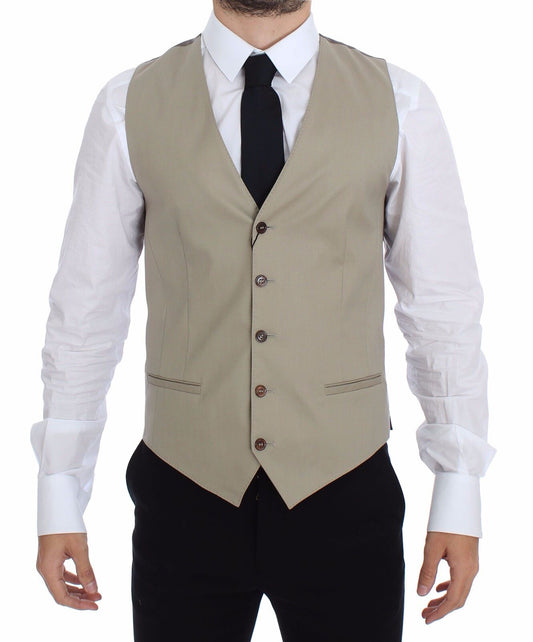 Dolce & Gabbana Elegant Beige Cotton Dress Vest front view with button closure and adjustable back waist strap