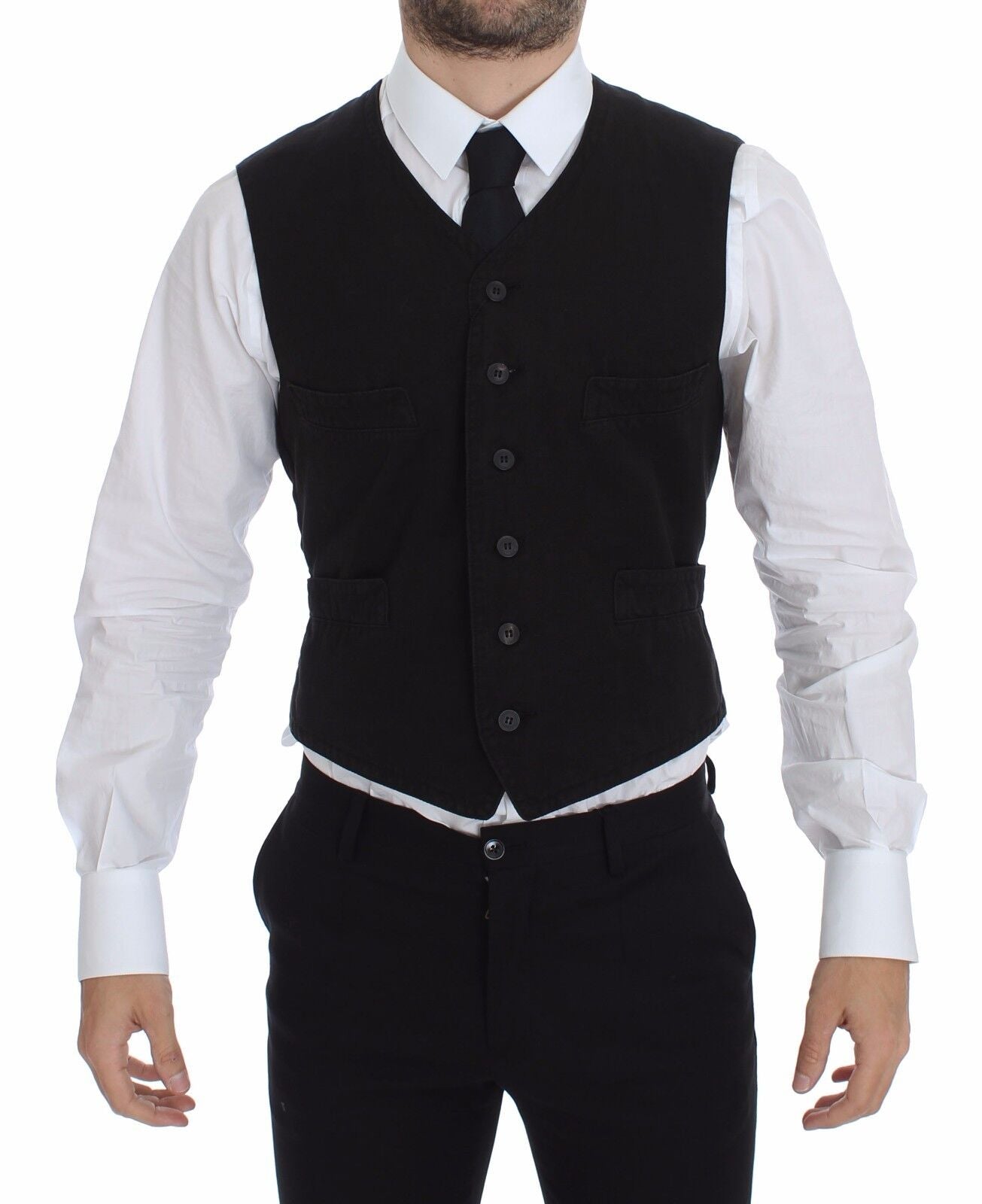 Dolce & Gabbana Elegant Black Cotton Blend Dress Vest front view button closure adjustable back waist strap
