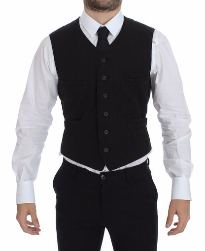 Dolce & Gabbana Elegant Black Cotton Blend Dress Vest front view button closure adjustable back waist strap