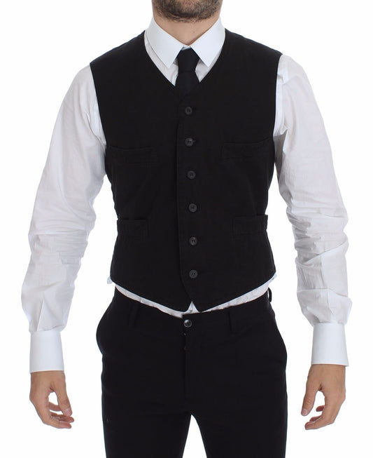 Dolce & Gabbana Elegant Black Cotton Blend Dress Vest front view button closure adjustable back waist strap