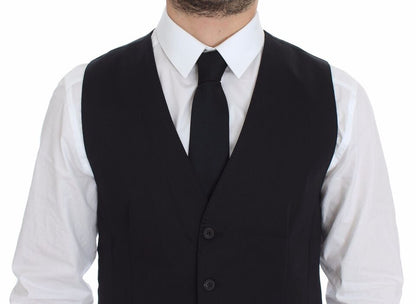 Dolce & Gabbana Elegant Blue Cotton Stretch Dress Vest back view with adjustable back waist strap