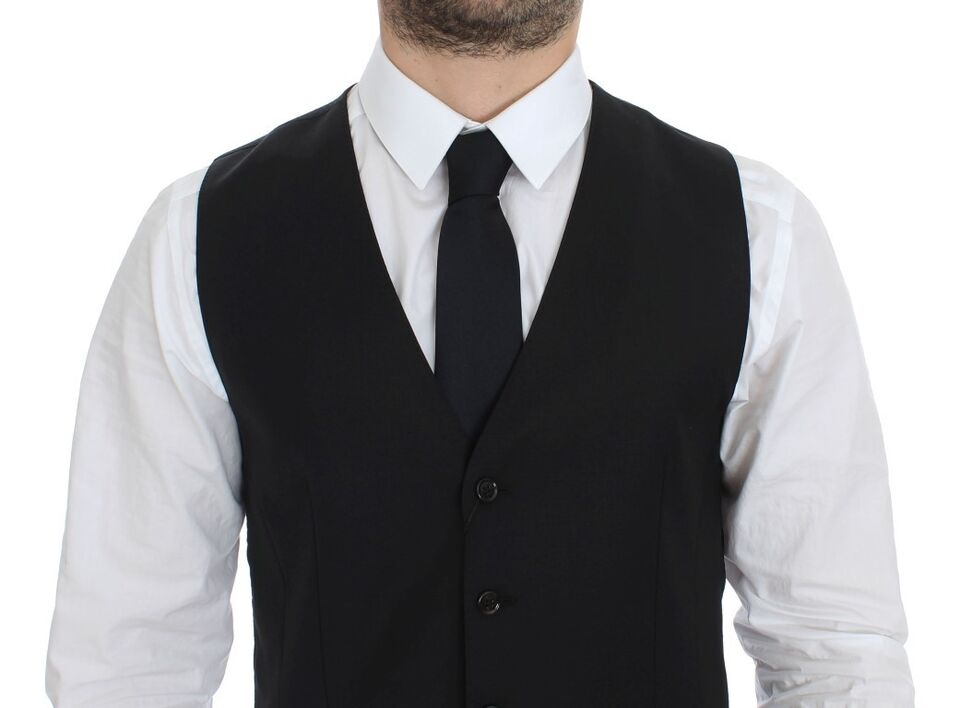 Black Dress Vest Crafted in Italy with Wool, Elastane, Cotton, and Polyamide