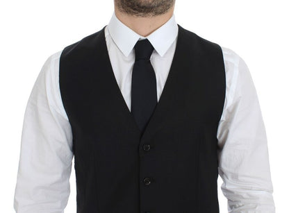 Black Dress Vest Crafted in Italy with Wool, Elastane, Cotton, and Polyamide