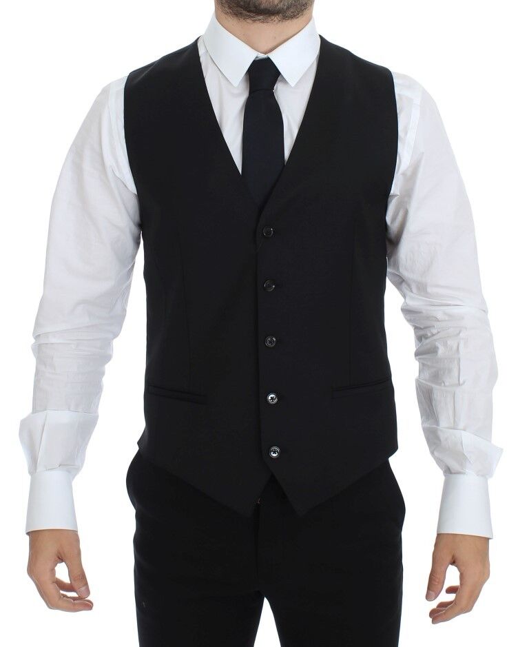Dolce & Gabbana Elegant Black Wool Silk Dress Vest with Single-Breasted Design and Adjustable Back Waist Strap