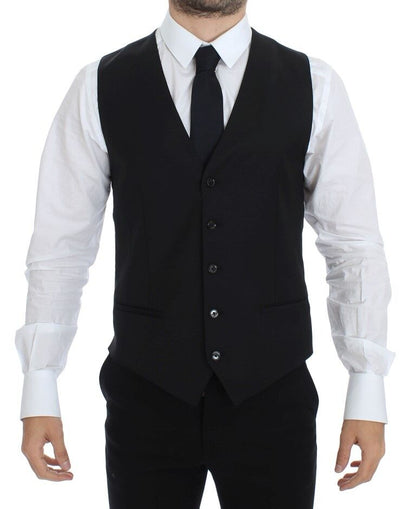 Dolce & Gabbana Elegant Black Wool Silk Dress Vest with Single-Breasted Design and Adjustable Back Waist Strap
