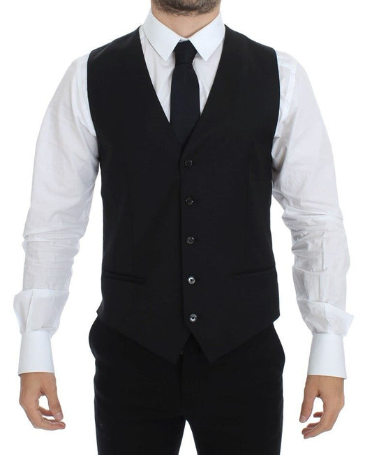 Dolce & Gabbana Elegant Black Wool Silk Dress Vest with Single-Breasted Design and Adjustable Back Waist Strap
