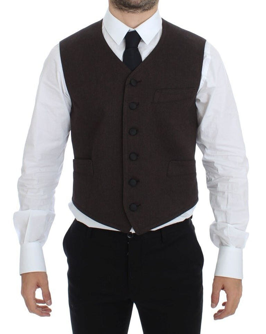 Sophisticated brown cotton blend dress vest with full front button closure