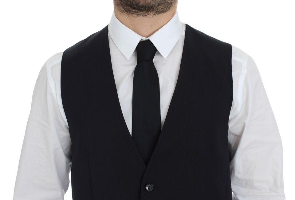 Dolce & Gabbana Elegant Gray Striped Wool-Silk Dress Vest back view with adjustable back waist strap