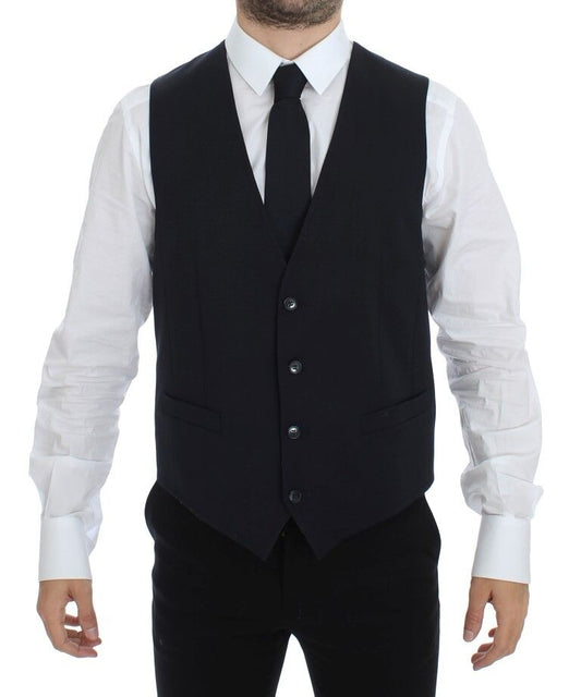 Dolce & Gabbana Elegant Gray Striped Wool-Silk Dress Vest front view with full button closure