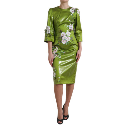 Exquisite green sheath dress with multicolor floral detailing