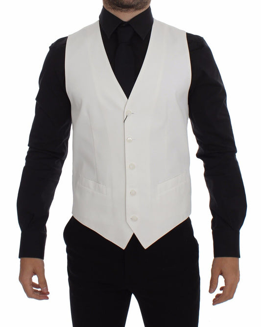 Elegant white dress vest with full front button closure and sleek adjustable back waist strap