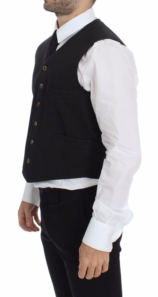 Dolce & Gabbana Elegant Black Dress Vest with Floral Embroidery and Button Detail