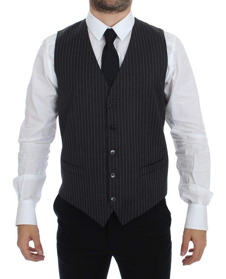 Gray striped wool dress vest with adjustable back waist strap 