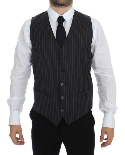Gray striped wool dress vest with adjustable back waist strap 