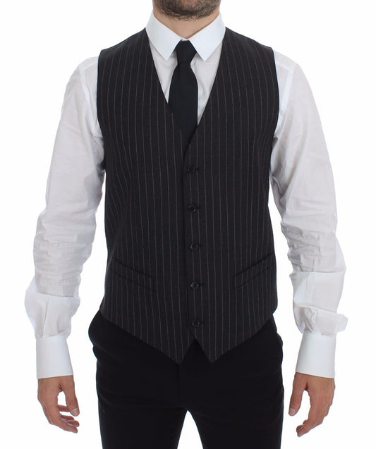 Dolce & Gabbana Gray Striped Dress Vest in 97% Wool, 3% Elastane
