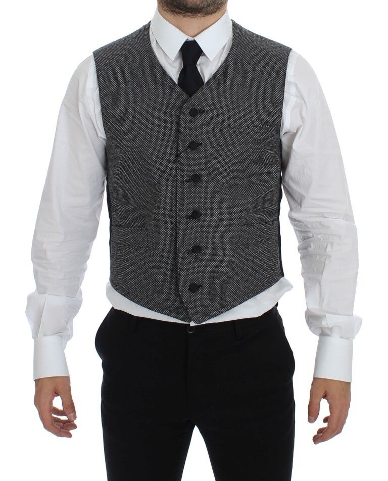 Gray dress vest with adjustable back waist strap and full button closure