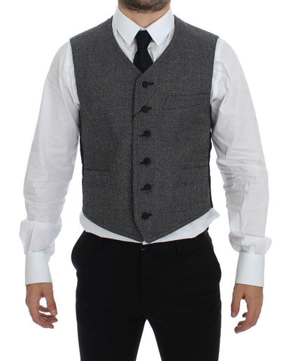 Gray dress vest with adjustable back waist strap and full button closure