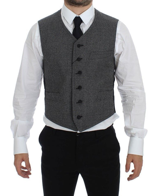 Gray dress vest with adjustable back waist strap and full button closure