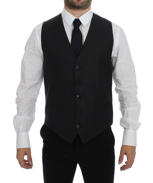 Dolce & Gabbana Elegant Gray Wool Blend Dress Vest with full front button closure and adjustable back waist strap