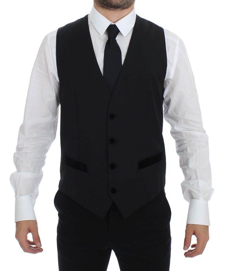 Exquisite black wool formal dress vest with full front button closure